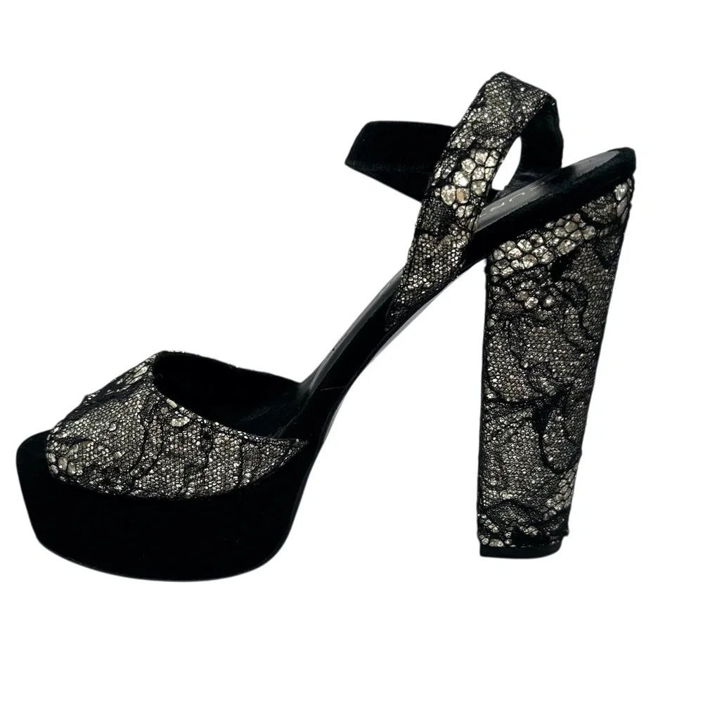 KURT GEIGER BLACK LACE OVER SILVER GLITTER PLATFORM HEELED SANDALS